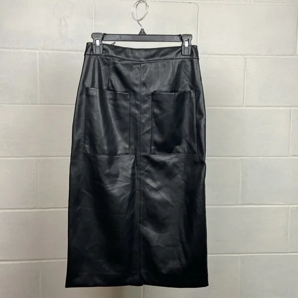 NWT Blank NYC Women's Faux Leather Snap Front Black Midi Skirt Size 25 Pockets - Picture 5 of 7